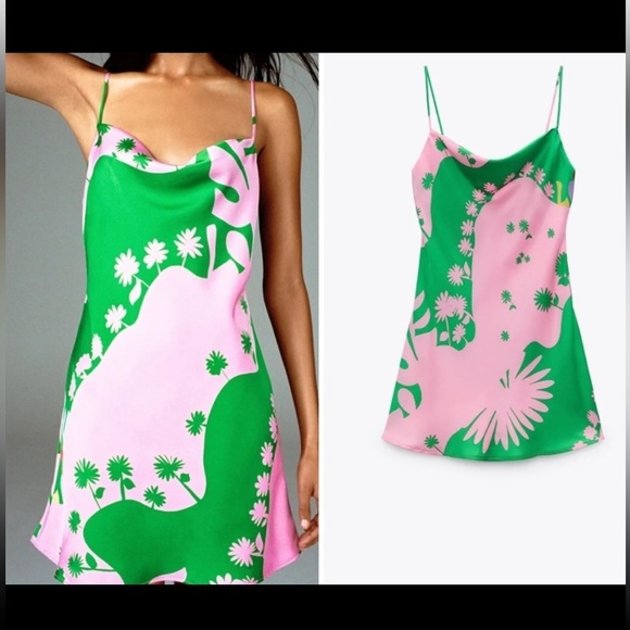 Rare Zara Pink & Green Matisse Print Satin Short Slip Dress L - Picture 2 of 7